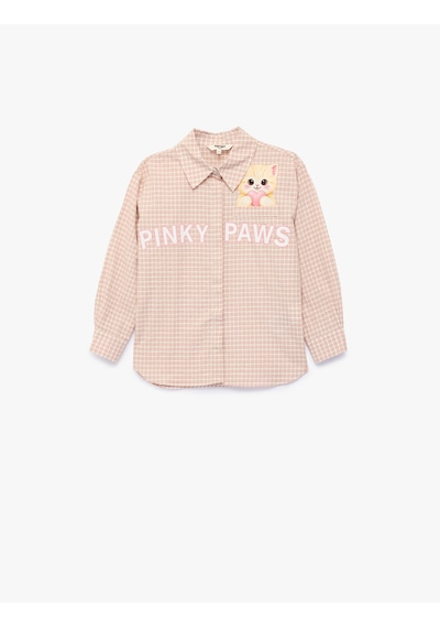 Koton Kedi Baskılı Uzun Kollu Pamuklu Oversize Pötikare Gömlek Pembe Ekose 7wkg60031aw
