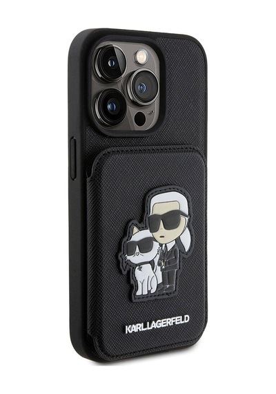 Apple Uyumlu iPhone 15 Pro  Kılıf Karl Lagerfeld Standlı Kartlıklı Saffiano K&c Logo  Lisanslı Siyah