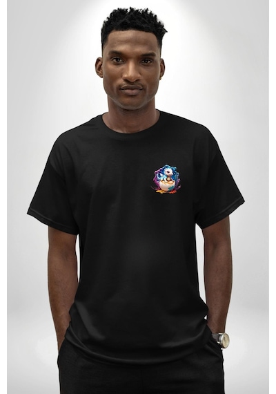 Sevimli Bebek Ejderha Elmas Yumurta Siyah Oversize Unisex Ön Sol Yan Minimal Baskılı Tişört Koyu Siyah