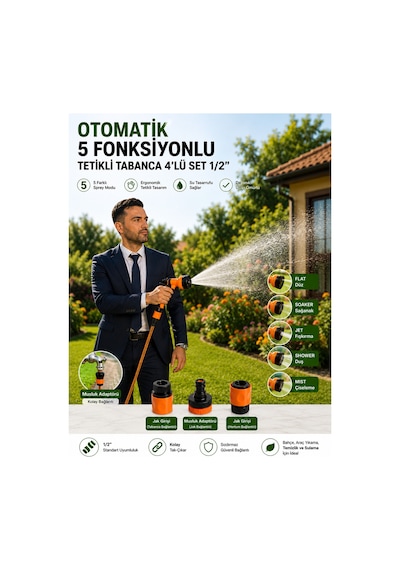 Otomatik 5 Fonksiyonlu Tetikli Bahçe Sulama Tabancası 4'lü Set 1/2" Musluk Adaptörü + 2 Adet Jak Girişi Bahçe, Araç Ve Temizlik İçin