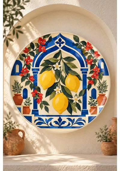 Dekoratif Duvar Tabağı Kâğıt Bahçede Limon Dekorlu Seramik Tabak Gri