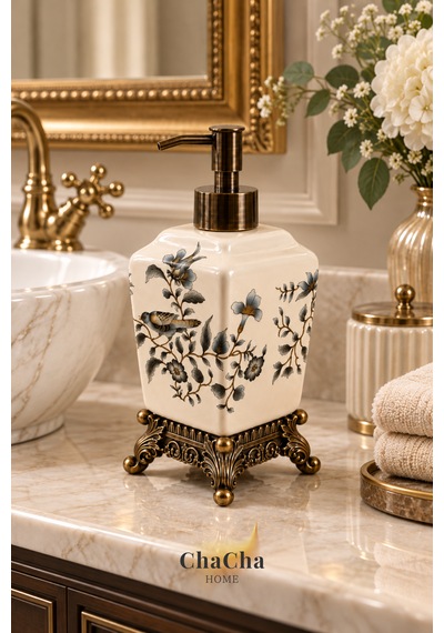 Chacha Home Aurelia Seramik Sıvı Sabunluk 470 Ml Antik Bronz Görünümlü Ayaklı Ve Pompalı 22 Cm Açık Gri