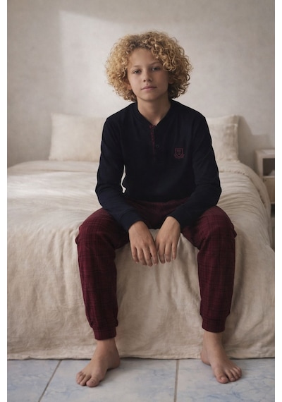 Tarık 11-16 Yaş Erkek Çocuk Pijama Takımı T Armalı -4335310 - Bordo Bordo