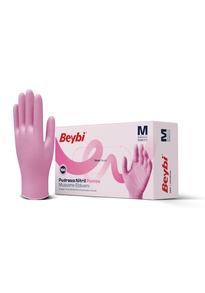 Beybi Nitril Pudrasız Muayene Eldiveni Pembe Medium 100'lü