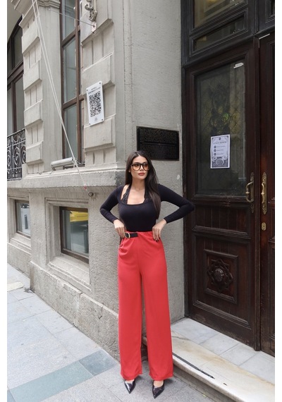 Kechi Woman Linda Twill Kumaş Kemer Detay Pantolon Kırmızı