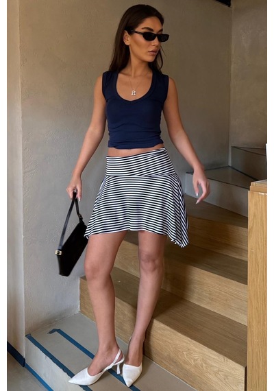 Madmext Lacivert Çizgili Asimetrik Çizgili Etek Mg2698