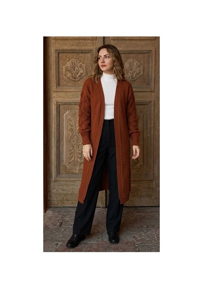Onno Style Women Damla Kol Desen Kadın Triko Uzun Hırka Bordo