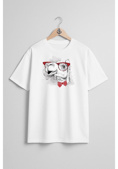 Oversize Komik Deve Ve Gözlük Ve Papyon Göğüs Tasarımlı Unisex T-shirt Beyaz