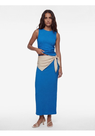 Koton Bürümcük Kumaş Drape Detaylı Dokulu Midi Kobalt Mavi Kalem Etek Mavi 6sak10005uk