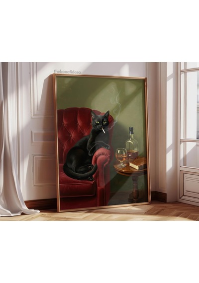 Sigara İçen Siyah Kedi Kırmızı Sandalye Sanatı