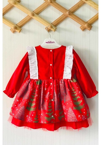 Yeniyıl Çam Ağaç Desenli Kırmızı Kız Çocuk Bebek Noel Elbise 001