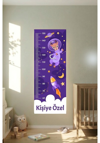 Kişiye Özel Yavru Geyik Temalı Dekoratif Çocuk Boy Ölçer Sticker Duvar Cetveli Takip Çizelgesi Mor