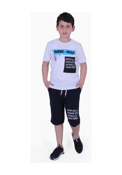 Fyk Kids Yazı Baskılı Erkek Çocuk Alt Üst Kapri Takım Beyaz