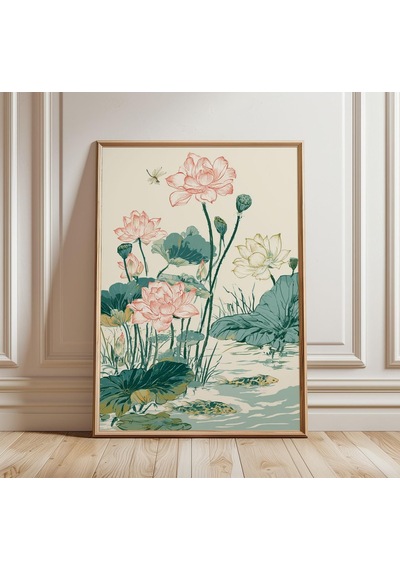 Lotus Göleti Sanat Baskısı Botanik Duvar Dekoru Asya Su Bahçesi İllüstrasyonu