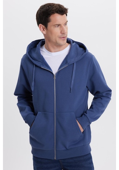 Tudors Unisex Relax Fit Rahat Kesim Pamuklu İçi Polarlı Çift Cepli Tam Fermuarlı İndigo Kapüşonlu Sweatshirt-41647 İndigo