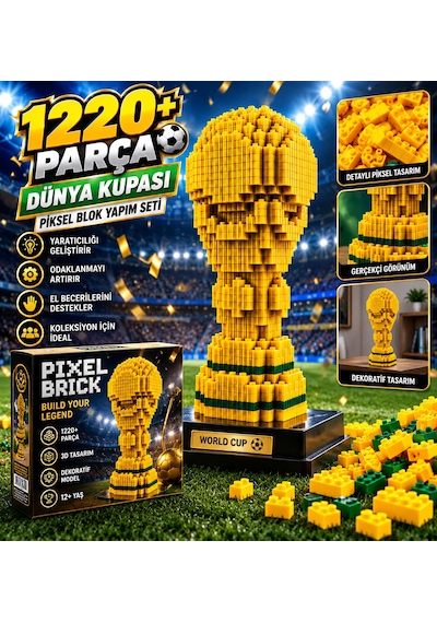 1220 Parça Piksel Blok Dünya Kupası Yapım Seti 3d Futbol Kupası Maketi Yaratıcı İnşa Oyuncağı