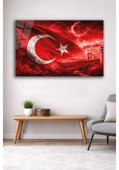 Türk Bayrağı Ay Yıldız Boğaz Köprüsü Cam Tablo Şık Duvar Tablosu Solmayan Canlı Renkler Salon Ve Oturma Odası Ev Hediyesi Parlak Cam Yüzey
