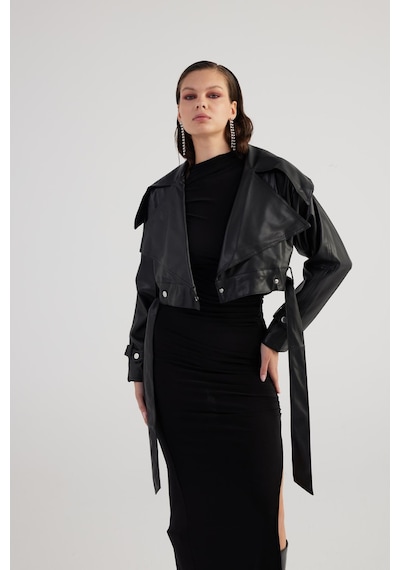 Holly Lolly Crop Model Astarlı Kemerli Neeko Deri Ceket Siyah