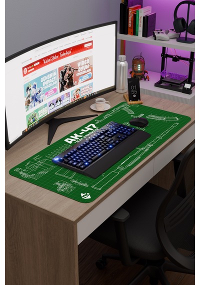 Ak 47 Siyah Kalaşnikov Cs Dikişli Kauçuk Oyuncu Mousepad - 90x40 Gaming Mouse Pad Ak-47 Yeşil