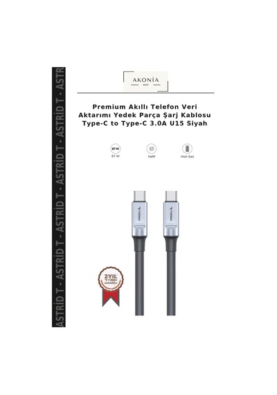 Premium Akıllı Telefon Veri Aktarımı Yedek Parça Şarj Kablosu Type-c To Type-c 3.0a U15 Siyah