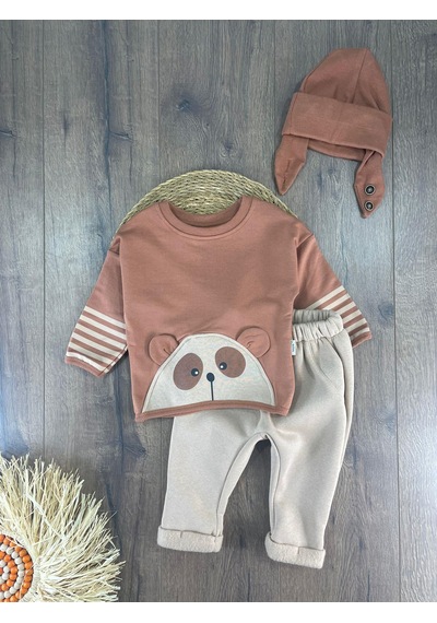 Bebicix Oversize Şerit Detaylı Yumuşak Doku Bereli Erkek Bebek 3'lü Takım Kahverengi