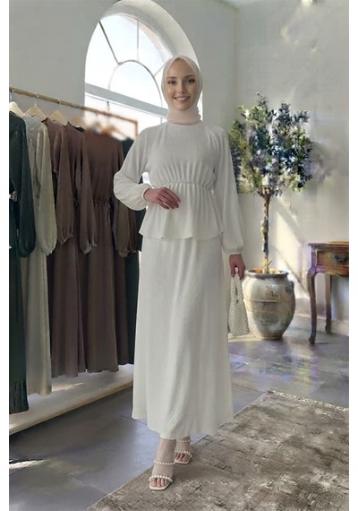 Maşuka Bürümcük Kumaş Bel Büzgülü Peplum Üst Ve Maksi Etekli Şık Ve Rahat Tesettür İkili Takım Beyaz Beyaz Maşuka Bürümcük Kumaş Bel Büzgülü Peplum Üst Ve Maksi Etekli Şık Ve Rahat Tesettür İkili Takım Beyaz Beyaz