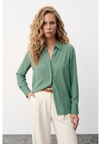 Sateen Klasik Düz Gömlek - Çağla Yeşili-124204