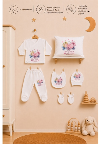 Pia Baby İsme Özel %100 Pamuk Kız Bebek Hastane Çıkışı Zıbın Seti Organi Baskılı Battaniyeli 2080zyb0x Ekru