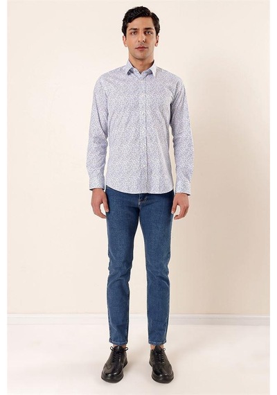 İmza Koyu Mavi Uzun Kollu Baskılı Sert Yaka Cepsiz Pamuklu Likralı Casual Slim Fit Gömlek 1004230135-mavi Mavi