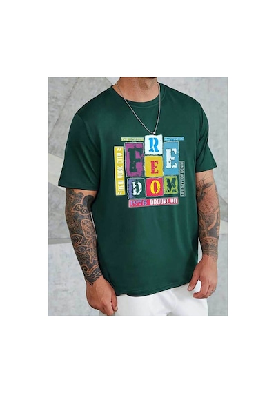 Medinenur Feedom Baskılı Unisex Bisiklet Yaka Tshirt Yeşil