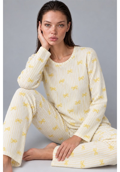 Kadın Çizgili Rahat Desenli İkili Sarı Pijama Takımı 4797