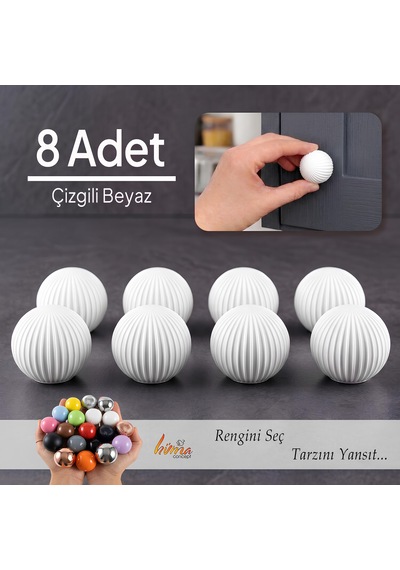 8 Adet Sert Plastik Düğme Yuvarlak Top Çizgili Beyaz Dolap Mobilya Mutfak Dolabı Çekmece Kulbu Kulpu Kulplar