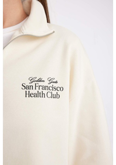 Defacto Regular Fit Baskılı Yarım Fermuarlı Dik Yaka Kalın Sweatshirt D5298AX24AUBG759 Bej