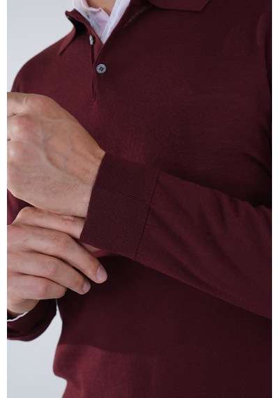 Bisse Bordo Düğmeli Polo Yaka Erkek Yün Triko Tr24k24201 D25 Bordo