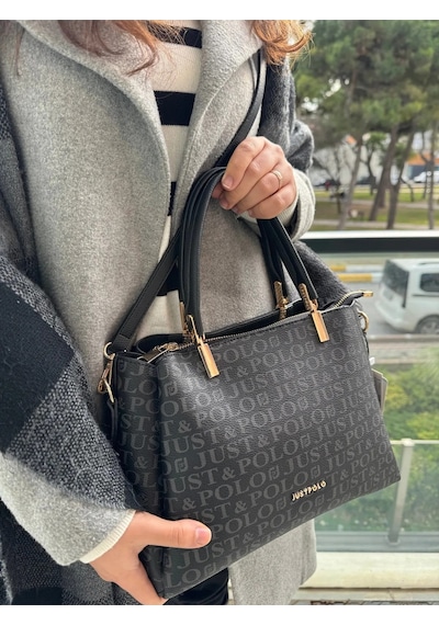 Just Polo Kadın Monogram Baskılı Orijinal El Ve Omuz Çantası Ayarlanabilir Askısıyla 2120mh Siyah