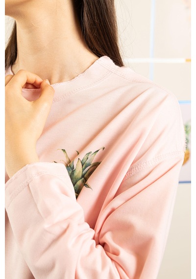 Ters Dikiş Detaylı Ananas Desenli Bisiklet Yaka Sweatshirt Pembe