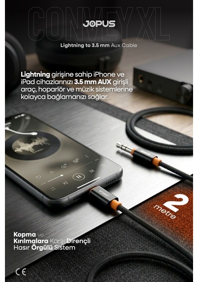 Jopus İphone 7-8-x-11-12-13-14 Uyumlu Lightning 3.5mm Örgülü Aux Ses Kablosu Stereo Destekli 2 Metre Ja-13