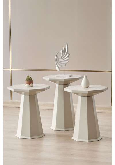 Elegance 3'lü Sehpa,yan Sehpa,zigon Sehpa - Kumtaşı Açık Bej & Traverten Desenli Tabla Kumtaşı Açık Bej Gövde & Traverten Desenli Tabla