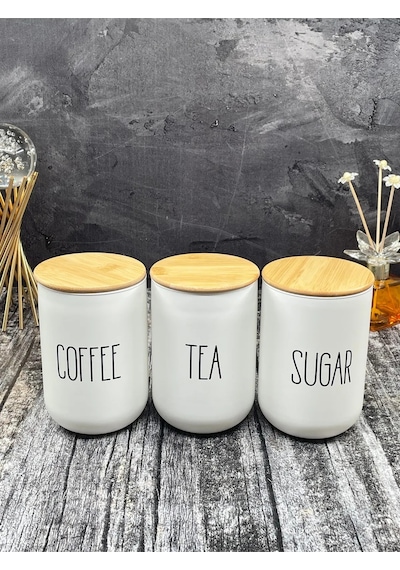 3 Lü Vakumlu Cam Bambu Kapaklı Çay Kahve Şeker Kavanozu Saklama K