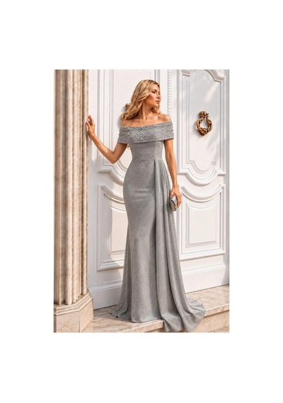 Lior Design Kadın Şık Model Degaje Yaka Dekolteli Maxi Uzun Kollu Abiye Elbise Gri