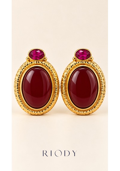 Riody Rubis Velours Gold Renkli Bordo Fuşya Oval Taş Görünümlü Çelik Kadın Küpe