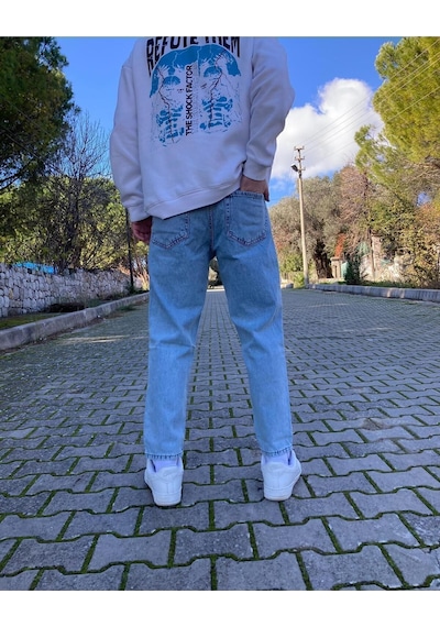 Yıkamalı Mavi Boyfriend Pantolon Mavi