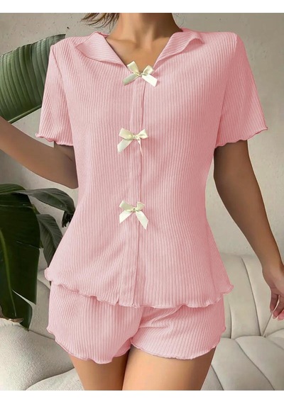 Bella Notte V Yaka Toz Pembe Pamuklu Fiyonk Detaylı Pijama Takımı