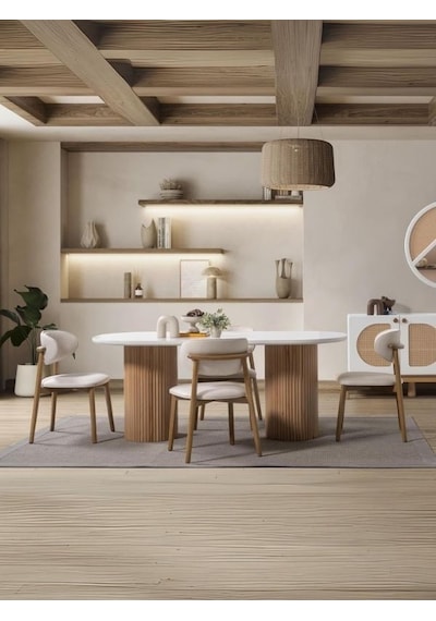 Narven Bohem Natural Ahşap Masa Sandalye Takımı 90x180 Meşe - Beyaz