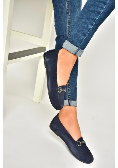 Fox Shoes R667001402 Lacivert Hakiki Deri Süet Kadın Babet Lacivert-süet Lacivert