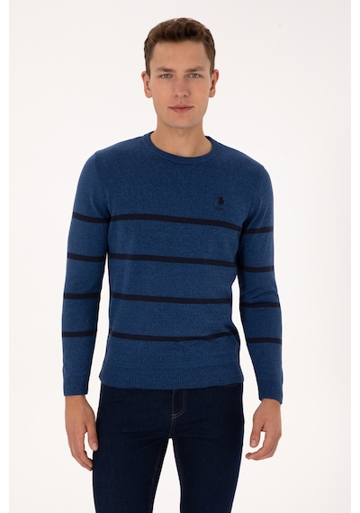 U.S. Polo Assn. Erkek Slim Fit Bisiklet Yaka Çizgili Açık Lacivert Kazak 50314976-VR059