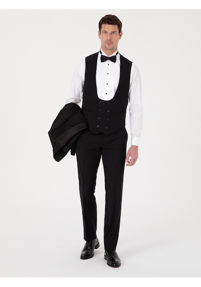 Cacharel Siyah Slim Fit Yün Karışımlı Kırlangıç Yaka Smokin Damatlık