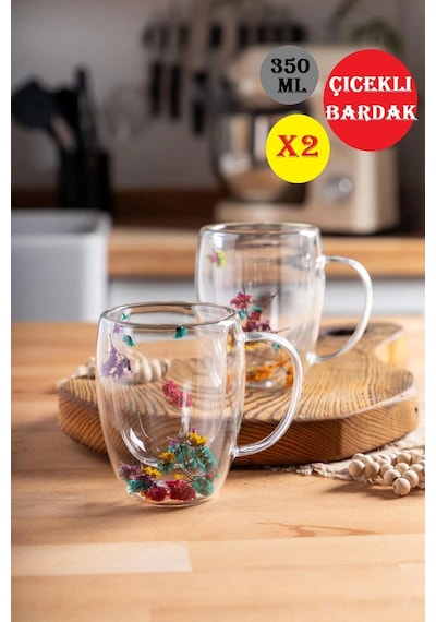 2'li Çift Cidarlı Çiçekli Bardak Kahve Çay Bardağı Flower Cup 350ml El Yapımı Kulplu Cam Bardak Set