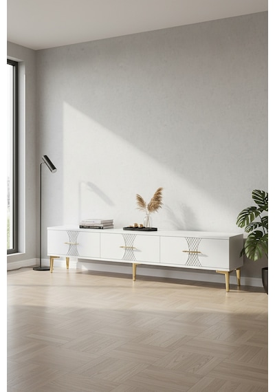 Tsa1832dbg Slim Tv Stand, Tv Sehpası Safirmeşe-beyaz-gold 180cm