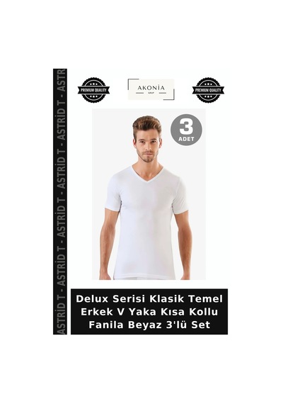 Astrid T Delux Serisi Klasik Temel Erkek V Yaka Kısa Kollu Fanila Beyaz 3'lü Set